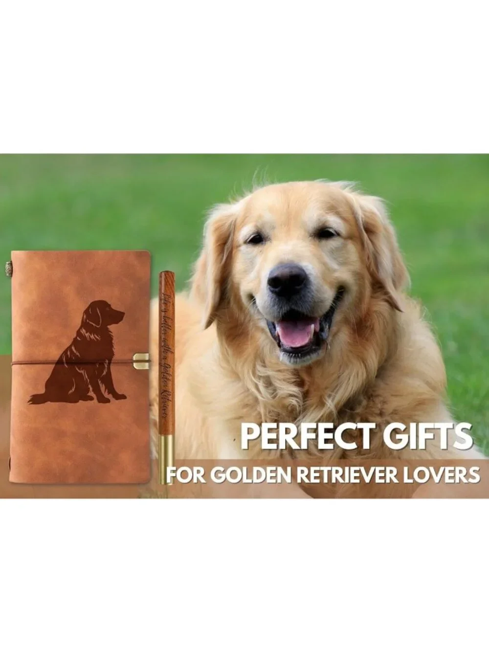 Golden Retriever Gifts for Women - Vegan Leather Journal & Pen, Refillable